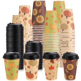 100 Pieces Disposable Coffee Cups with Lids 12 oz Paper Hot Cup 4 Fall Design Patterns Cute Cups for Hot Tea Beverage Water Juice Dinner Dinner Wedding Event Decorations Thanksgiving Party