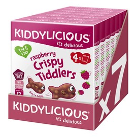 Kiddylicious Raspberry Crispy Tiddlers - Delicious Real Fruit Treat for Kids - Suitable for 12+ Months - 7 Packs of 4 (28 Total)