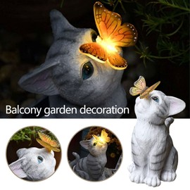 HIAME Garden Decoration Butterflies Decorative Solar Lights for Outdoor Balcony Garden Decoration Courtyard Layout Cute Cat Top Butterfly Ornaments Resin Solar Lights Outdoor Creative Animals (A)