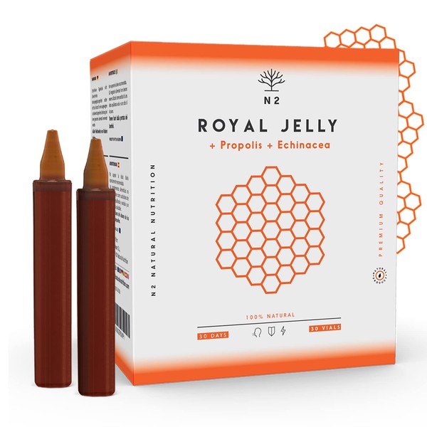 Royal Jelly Pure with Propolis, Vitamin C and Echinacea. 30 ampoules 2000 mg. Reduces fatigue and other symptoms, increases energy, vitality and strengthens the metabolism. N2 Natural Nutrition