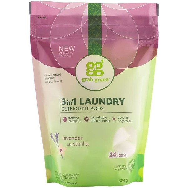Grab Green Natural 3 in 1 Laundry Detergent Pods, Lavender + Vanilla-With Essential Oils, 24 Loads, Organic Enzyme-Powered, Plant & Mineral-Based, 13.5 Ounce