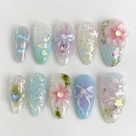 24Pcs Spring Press on Nails Medium Almond French Tip Fake Nails with Bow Star Pearl Rhinestones Designs Cute Handmade Press Ons 3D Flower Stick on Nails Glitter False Nails for Women Nail Salon DIY
