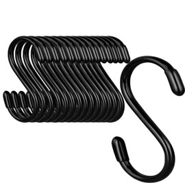 15 S-Hooks with Non-Slip Rubber Coating, 3-Inch Long, S-Hooks for Closet, Steel Metal, Black Vinyl-Coated Small S-Hooks for Hanging Jeans, Pots, Pans, and Coffee Cups，Black