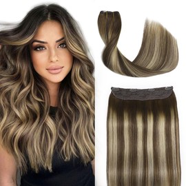 Sindra Wire Hair Extensions Real Human Hair 14Inch 70g Wire Hair Balayage Medium Brown Mix Caramel Blonde Fishing Line Human Hair Extensions With Adjustable Clips Brown Hair Extensions Wire14#4/27/4