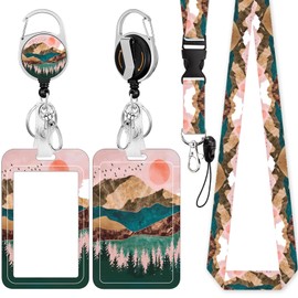 ID Badge Holder with Lanyard, Retractable Badge Reel with Swivel Belt Clip, Detachable Lanyard Name Card Tag Vertical ID Protector Badge Reel for Nurse Doctor Teacher Office Employees (Sunset)