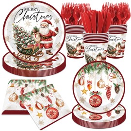 Christmas Paper Plates and Napkins, 144Pcs Christmas Party Decorations Santa Claus Xmas Tree christmas Balls Disposable Dinnerware Set for Winter Xmas Holiday Party Supplies