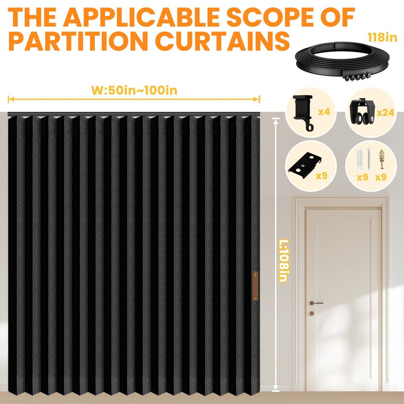 100% Blackout Accordion Room Divider Curtains - with Flexible Ceiling