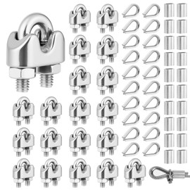 Flintronic 60PCS Wire Rope Clip, 20PCS M4 Wire Rope Cable Clip Clamps with 20PCS Wire Rope Crimping Loop Sleeves and 20PCS Wire Rope Thimbles, rope Grips for Awning Fixed Clothesline Tensioner
