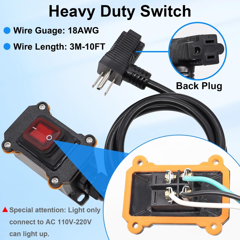 TWTADE Extension Cord with Switch On/Off, IP67 Waterproof Inline Cord