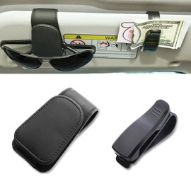 DORYUN 2 Packs Sunglass Holder for Car Visor, Soft Leather Wrapped Sunglass Visor Clip with Built-in Magnet, Easy to Use, One of The Car Sunglass Holders with Extra Ticket Card Clip(Black)