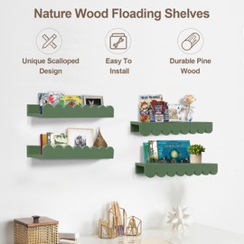 icnjdMopclean icnjdMopclean Scalloped Shelves for Nursery - Wall Book Shelves for Bedroom Kids, Nursery Bookshelf for Wall Set of 4, Floating Book Shelves Solid Wood,16 Inch, Sage