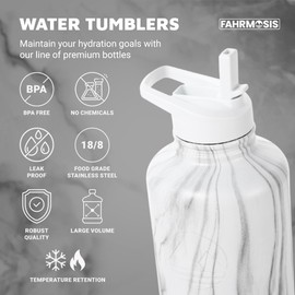 FAHRMOSIS 64 Oz Insulated Water Bottle with Strap Stainless Steel Sports Water Bottle with 3 Lids (Straw, Chug and Flip Lid) Leak Proof Metal Half Gallon Jug for Men & Women - White Marble