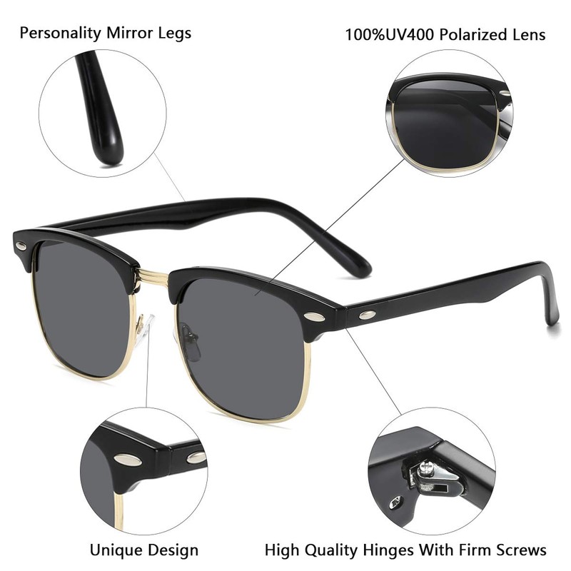 aisswzber Retro Semi Rimless Sunglasses Half Frame UV400 Glasses 3016s-blacknew