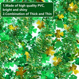 33 FT St Patricks Day Garland Decor Gold Green Shamrock Hat Tinsel Garland, Shiny Metallic Streamer Twist Garland Hanging St Patricks Day Decorations for Home Indoor Outdoor Irish Party Supplies