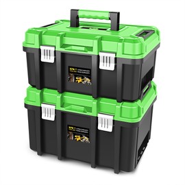 PM PERFORMOTOR 2pcs Tool Boxes Set - Lockable Organizer Storage Portable Toolbox with Removable Tray for Workshop Garage & Household, Large Capacity, Green,PM-TOL-BX2-GR