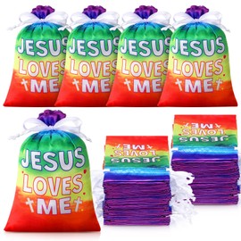 Blosssound 24 Pcs Jesus Loves Me Gift Bags Mini Christian Easter Drawstring 4 x 6 in Satin Party Favor Bag Bulk Religious Goodie Christian Treat Supplies for Church Party Favor Decoration