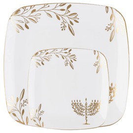 Combo Set 7" inch Salad Plates & 10" inch Square Plastic Plates Heavy Duty Hanukkah Dinner Plates with White Gold Chanukah Design Hanukkah Party Disposable China Like Plastic Dessert Plate (24 PACK)