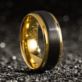 King Will 8mm Black Tungsten Carbide Wedding Ring Band for Men Matte Tungsten Ring Inner Plated Gold Step Edge Wedding Band Comfort Fit Men Women 8.5