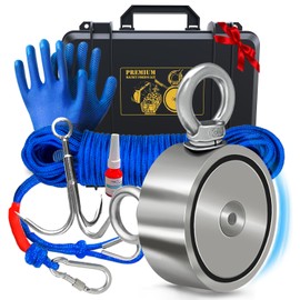 Logui Projects 1200 LB Magnet Fishing Kit with Case - 2 Fishing Magnets in 1 (Double Sided Magnet) - with Grappling Hook, Heavy Duty 65FT Rope, Gloves, Carabiner and Foldable Bucket.