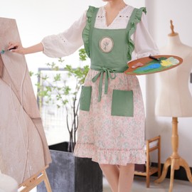 Pinknoke Cute Aprons for Women with Pockets Cotton Adjustable Cross Back Pinafore Vintage Apron for Kitchen Cooking Painting (Light Green)