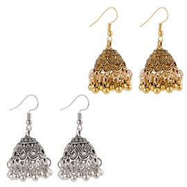 2 Pairs Indian Earrings for Women, Vintage Jhumkas Indian Earrings Gold Silver Indian Jhumka Earrings for Women Aluminium Alloy Gold Indian Bollywood Earrings Bell Earrings for Women