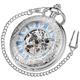 Tiong Vintage Steel Pocket Watch Mechanical Automatic Steampunk Unique Roman Numerals Pocket Watches with Chain Clip for Men
