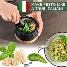 WALDWERK Mortar and Pestle - Mortar and Pestle Set with Anti-Scratch Oak Wood Base - Mortar with Extra Large Pestle Made of Natural Granite - Large Mortar and Pestle - Ideal for Guacamole