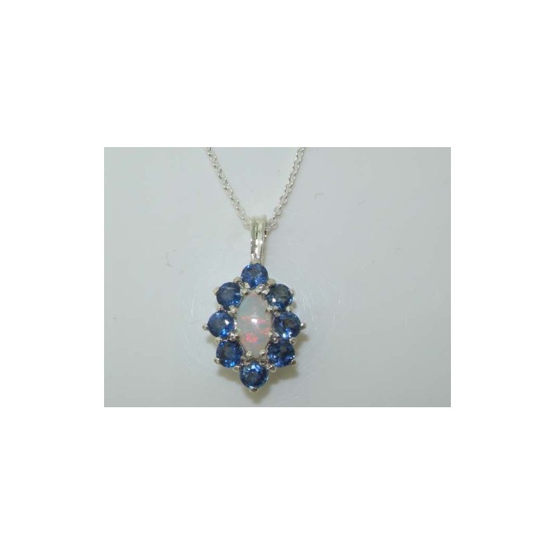Ladies Solid 925 Sterling Silver Natural Opal & Blue Sapphire