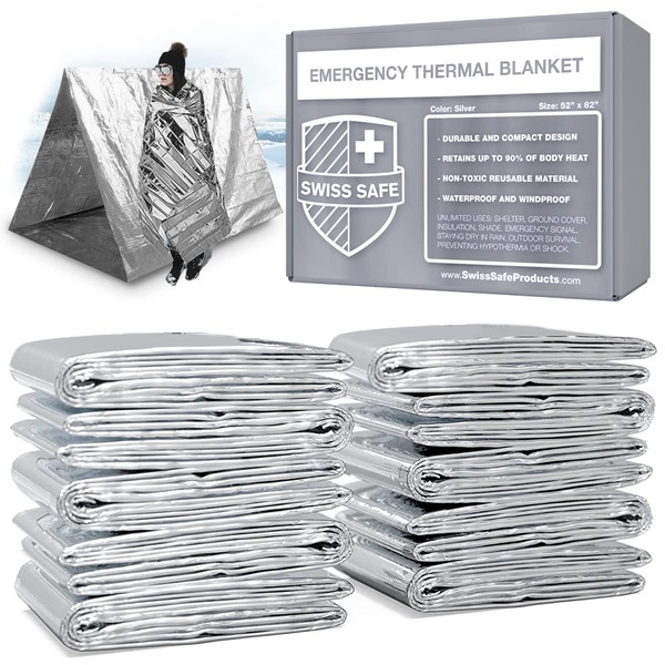 Swiss Safe Emergency Mylar Thermal Blankets, Designed for NASA, Outdoors, Survival, First Aid, Silver, 10 Pack