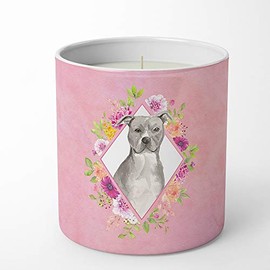 Caroline's Treasures CK4269CDL Blue Pit Bull Terrier Pink Flowers 10 oz Decorative Soy Candle Nature Soy Wax Essential Oil Home Decor Ideal for Bedroom Kitchen Bath Office Gift, 10 oz