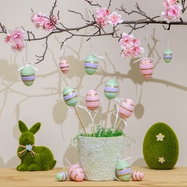 COM-FOUR® 18-Piece Easter Decoration Set - Easter Decoration for the Easter Bouquet - Colourful Easter Eggs for Hanging and Inserting - Easter Confetti Decoration (18-Piece - Green/Pink)