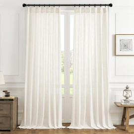 Maison Colette Pinch Pleat Natural Linen Sheer Curtain 95 inches Long,Back Tab Stripe Transparent Voile Window Drapes for Bedroom/Living Room, 2 Panels,42" Width,Linen