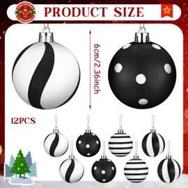 Relaxgiant 12 Pcs Christmas Ball Ornaments 2.4 Inch Black and White Christmas Hanging Balls Red Green Glittering Balls Elf Plastic Balls for Xmas Tree Decoration(Fresh Style)