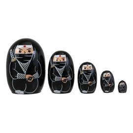 Ebros Gift Black Japanese Ninja Chibi Warrior Wooden Stacking Nesting Figurines 5 Piece Set Hand Painted Wood Decorative Collectible Matryoshka Sculptures Christmas Housewarming Mother's Day Birthday