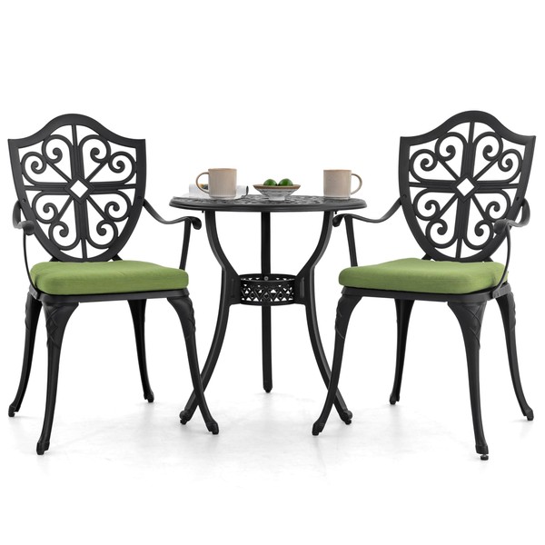 NUU GARDEN Bistro Set 3 Piece Outdoor, Cast Aluminum Patio Bistro Sets with Umbrella Hole and Green Cushions, Bistro Table and Chairs Set of 2 for Patio Backyard, Black