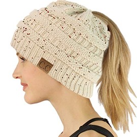 CC Ponytail Messy Bun BeanieTail Soft Winter Knit Stretch Beanie Hat (Confetti Oatmeal)