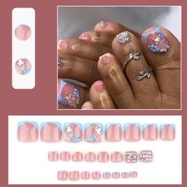 Viugex 24Pcs False Toenails Short Square, Blue Pink French Tip Press on Toenails, 3D Butterfly Flower Rhinestones Design Acrylic Fake Toe Nails, Artificial Glossy Stick on Toe Nails for Women Girls