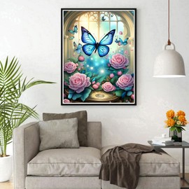DPHERO DIY Butterfly Diamond Painting Kits Pictures for Adults Beginners, 5D Window Diamond Painting Set, DIY Flowers Round Stones Diamond Art Kits, Diamond Art for Home Decor 30 x 40 cm