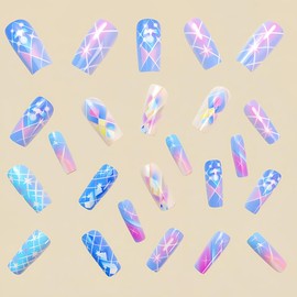 Cute Blue Press on Nails Medium Length Fake Nails Colorful Gradient Acrylic Nails Gloss Glue on Nails Square Full Cover Stick on Nails Spring Summer False Nails for Women Girls 24 Pcs