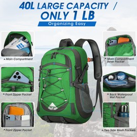40L Packable Backpack Waterproof Hiking Backpacks Lightweight Outdoor Sport Travel Daypack for Climbing Camping Touring，Grass Green
