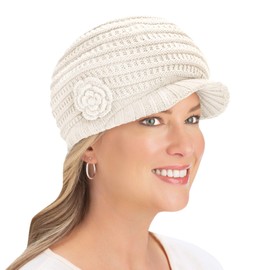 Collections Etc Warm Stylish Crochet Flower Embellished Ribbed Knit Hat - Cozy Winter Hat and Accessory