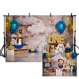 MEHOFOND 7x5ft Blue and Gold Boy One Birthday Photo Studio Portrait Backdrop Props Balloons Cloud Stars Retro Wall Happy 1st Birthday Party Decorations Photography Background Banner