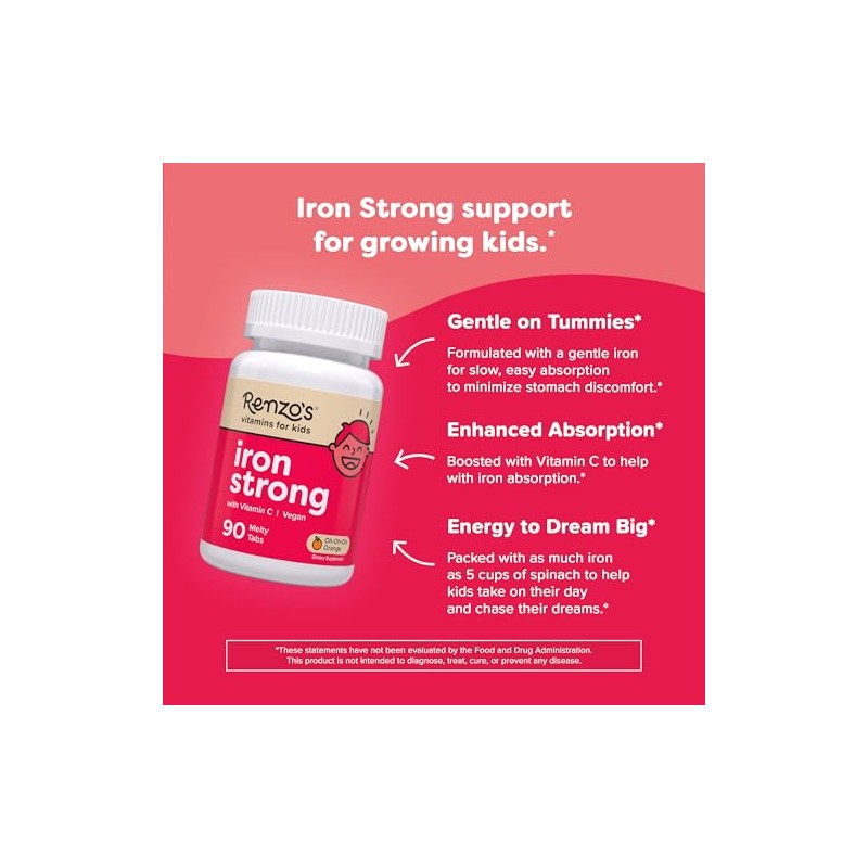 Renzo Iron Strong Suplemento Hierro Niños Vitamina Sabor Naranja Tabletas