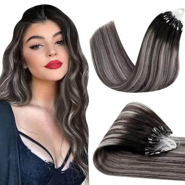 Hetto Real Hair Micro Ring Extensions, Balayage Micro Ring Extensions, Real Hair, Remy Micro Extensions, Balayage Black with Silver 1B/Silver/1B, 30 cm, 40 g