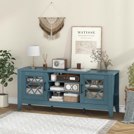 Tangkula Farmhouse TV Stand for TVs Up to 65-in, Classic Media Entertainment Center w/Glass Door Cabinets & 4 Adjustable Shelves, Modern TV Console Table w/ 3 Cable Holes for Living Room (Teal Blue)