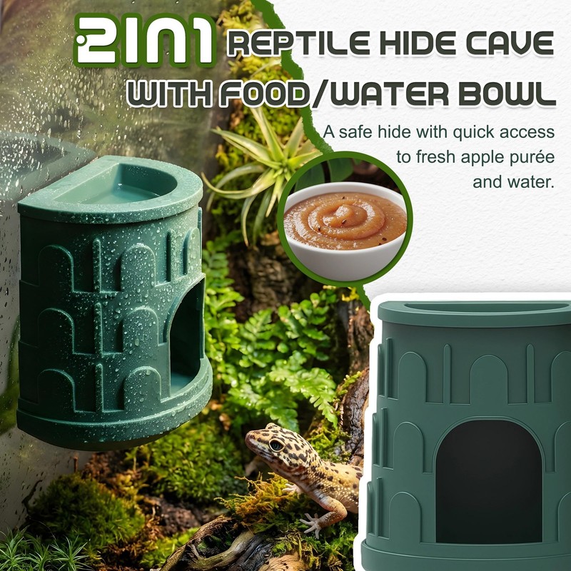 Fischuel Wall Mount Reptile Hide Cave with Food Bowl for