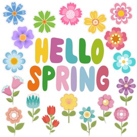 Wonmon 58 PCS Hello Spring Cutouts for Bulletin Board Decoration, Colorful Hello Spring Flower Floral Paper Cut-Outs Name Plates for Spring Home School Classroom Bulletin Wall Decorations