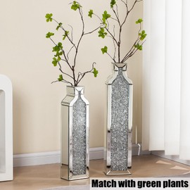 SHYFOY Floor Vase Crushed Diamond Mirrored Vase - Silver Floor Standing Vases Set of 2-24" & 30" Large Crystal Tall Vases for Living Room Dining Bedroom Home Corner Hallway Indoor Office Floor