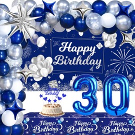Blue 30th Birthday Decorations for Him Her, 30th Silver and Navy Blue Birthday Decorations for Men Women with Happy Birthday Backdrop Banner Tablecloth Balloons Arch Foil Balloons Party Supplies