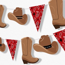 Big Dot of Happiness Western Hoedown Garland Banner, Wild West Cowboy Party Decorations Banner, 30 Feet of Cord, 15 Double-Sided Cowboy Hats, Boots, Red Paisley Bandana